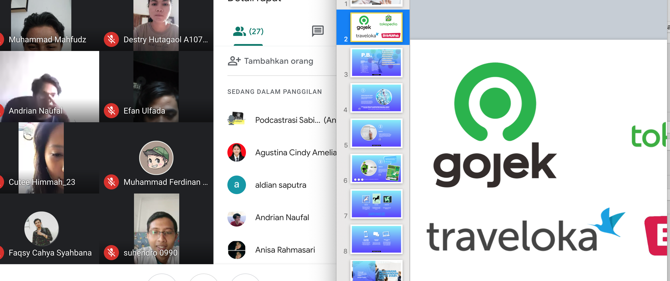 Screen Capture pertemuan online mata kuliah pengembangan bisnis hari ini